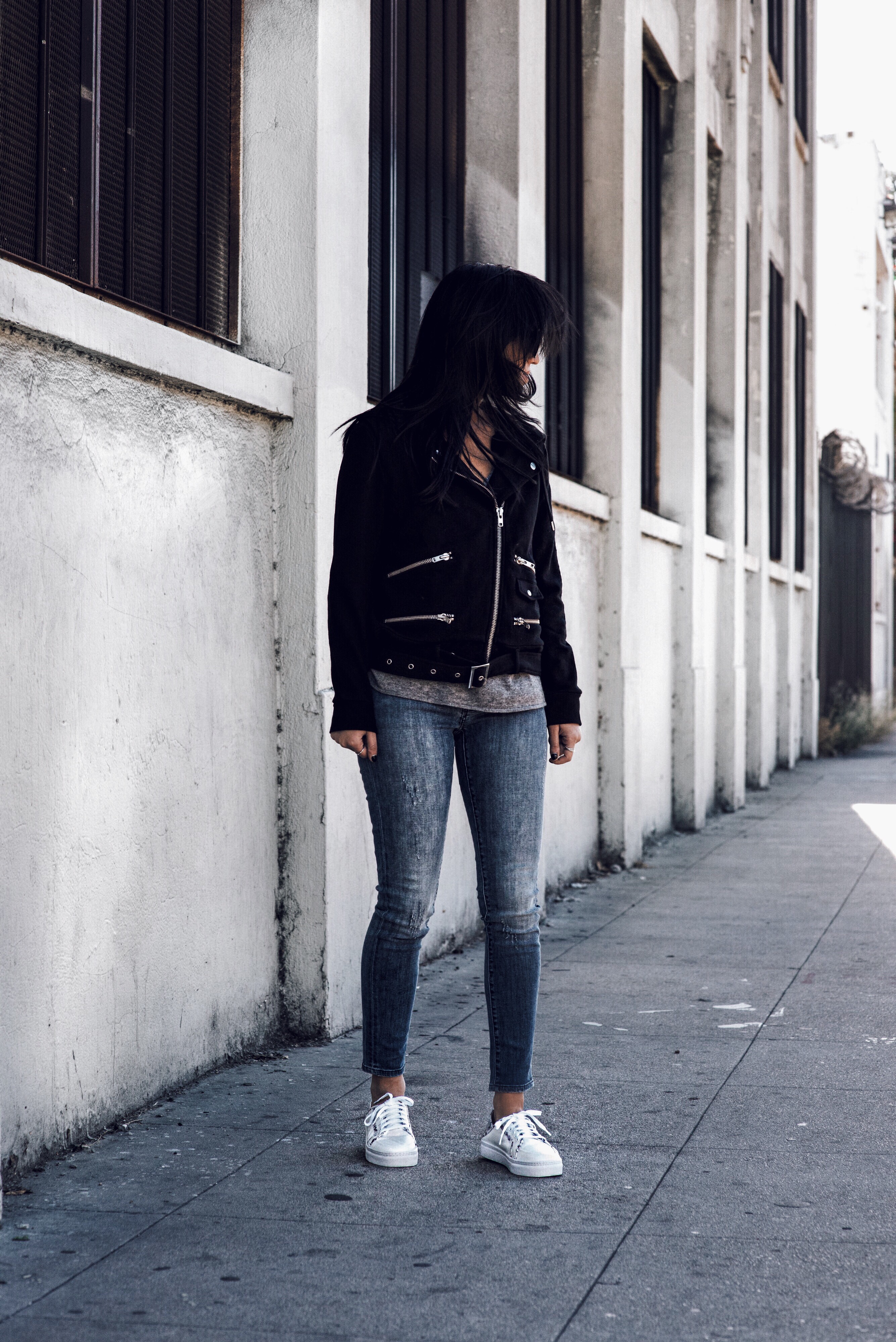 LA blogger Tania Sarin wearing the kooples jacket and sneakers
