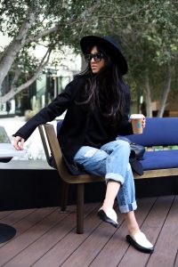 LA blogger Tania Sarin hat and mule slippers