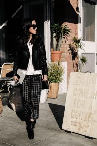 LA blogger Tania Sarin in NY Magazine with leather moto jacket and topshop pants