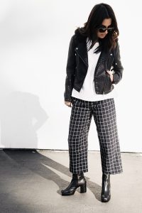 LA blogger Tania Sarin in NY Magazine with leather moto jacket and topshop pants