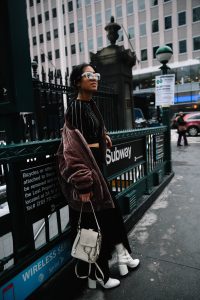LA Blogger Tania Sarin in New York during NYFW in asos bomber and chloe mini backpack