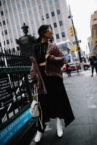 LA Blogger Tania Sarin in New York during NYFW in asos bomber and chloe mini backpack