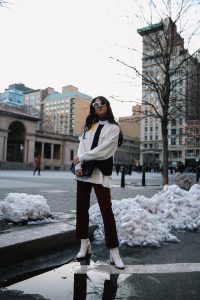 LA Blogger Tania Sarin in New York during NYFW with enfold top and louis vuitton clutch