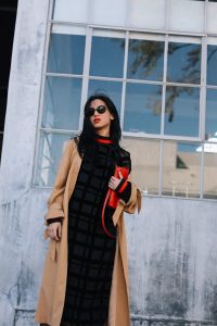 LA Blogger Tania Sarin in trench coat and red lip