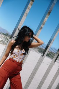 LA Blogger Tania Sarin on coachella weekend featuring festival style with chloe strapless floral body suit at palm desert mirror exhibit