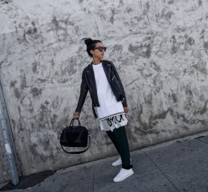 LA Blogger Tania Sarin wearing each x other dress and pants with kenneth cole sneakers and givenchy bag