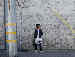 LA Blogger Tania Sarin wearing each x other dress and pants with kenneth cole sneakers and givenchy bag
