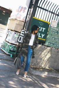 LA Blogger Tania Sarin in camo jacket, prada shoes, goyard tote