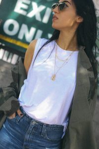 LA Blogger Tania Sarin in camo jacket, chloe necklace