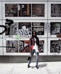 LA Blogger tania Sarin in New York City Soho wearing Laer cropped leather jacket with enfold top, redone denim, dear frances boot, and chanel cross body bag