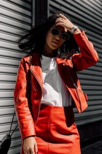 LA Blogger Tania Sarin in NYC wearing Veda red leather jacket and red leather skirt