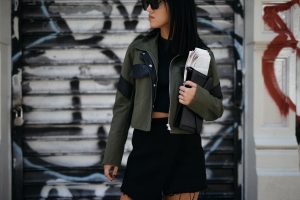 LA Blogger Tania Sarin in New York City wearing Veda jacket and raquel allegra mini skirt