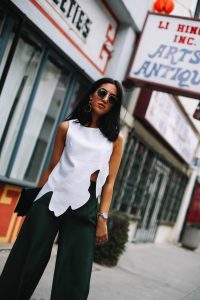 LA Blogger Tania Sarin in China Town wearing asymmetrical top and bold statement earrings