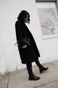 LA Blogger Tania Sarin at new york fashion week featuring haider ackerman pant, stella mccartney clear sunglasses, JW anderson bag from net a porter and everlane jacket  