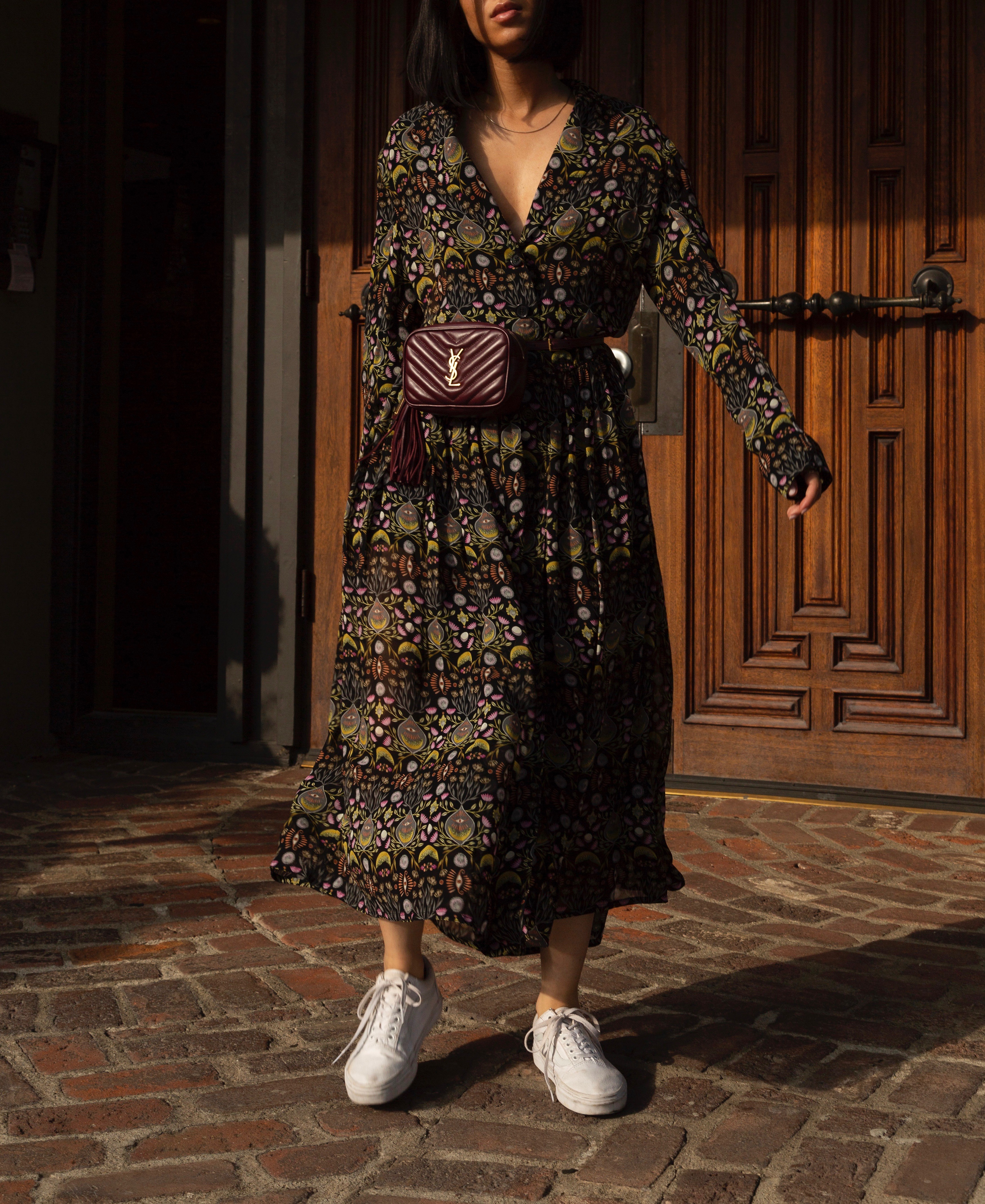 Trending Prints for Fall | TSARIN.COM | Chloe Printed Dress, YSL Belt Bag