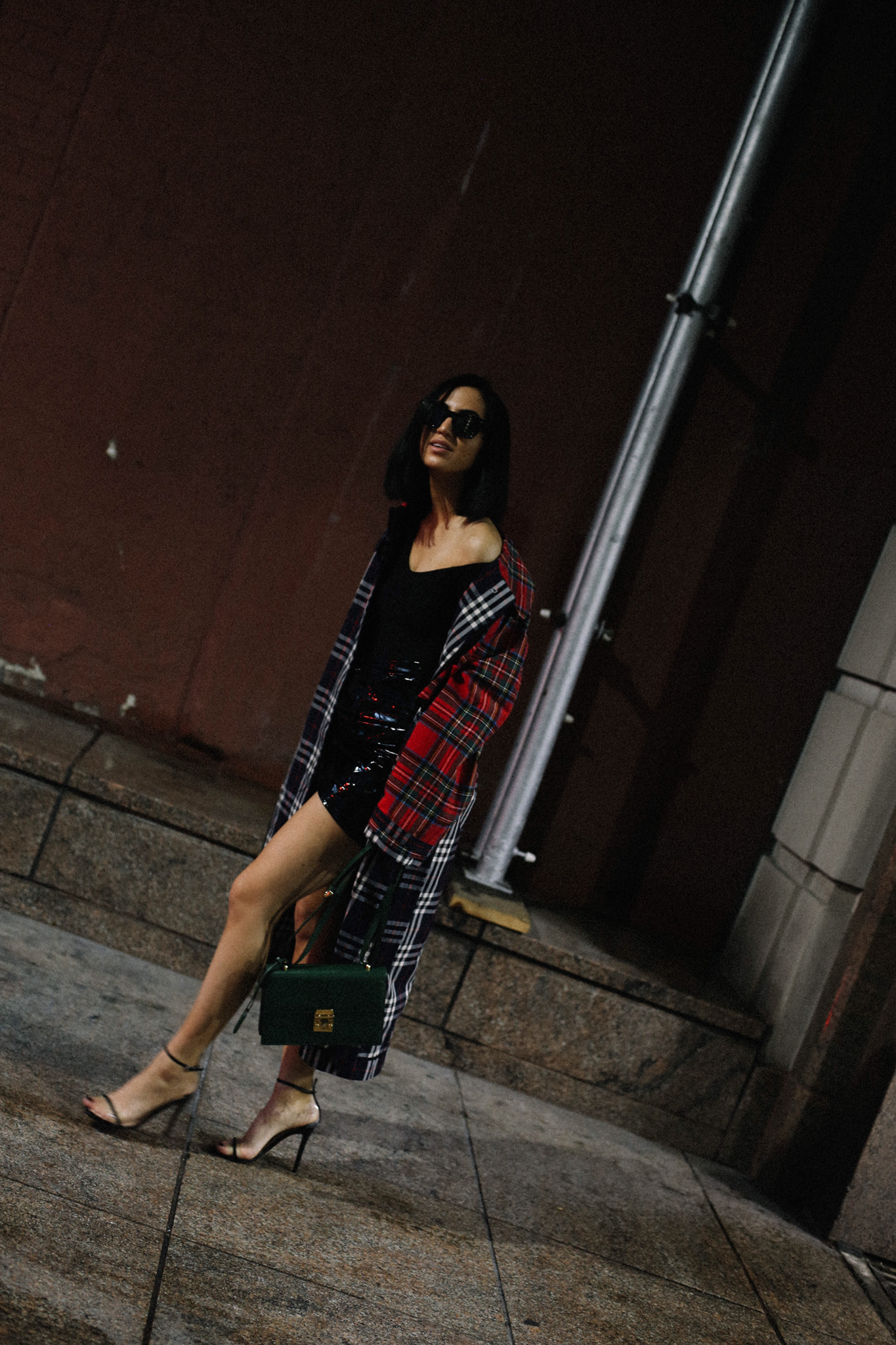 Top Fall Trends from NYFW 2018 | TSARIN.COM | Burberry Trench Coat, Tony Bianco Heels, Patent leather skirt, Plaid trench coat, plaid trend fall 2018, nyfw street style