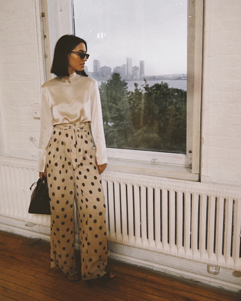 Going Out Pieces to Wear When it's Cold | TSARIN.com | Silk blouse, polka dot pants, mules, fall 2018 outfit