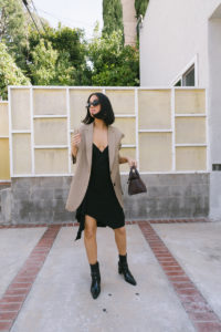 How to Wear a Little Black Dress Casually | TSARIN.COM | Little black dress, oversized blazer, balenciaga boots, carolina santo domingo handbag, minimal edgy outfit