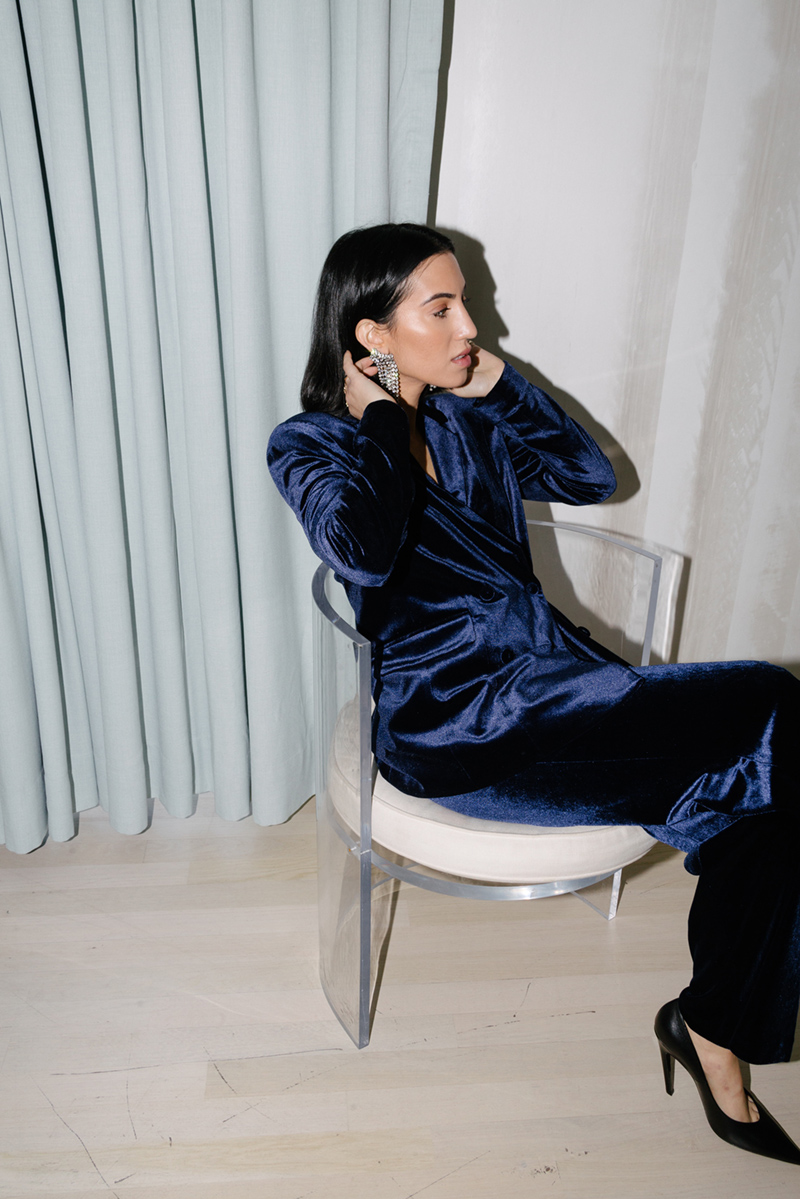Cool New Years Eve Outfits That Aren't Dresses, blue velvet suit by Tania Sarin
