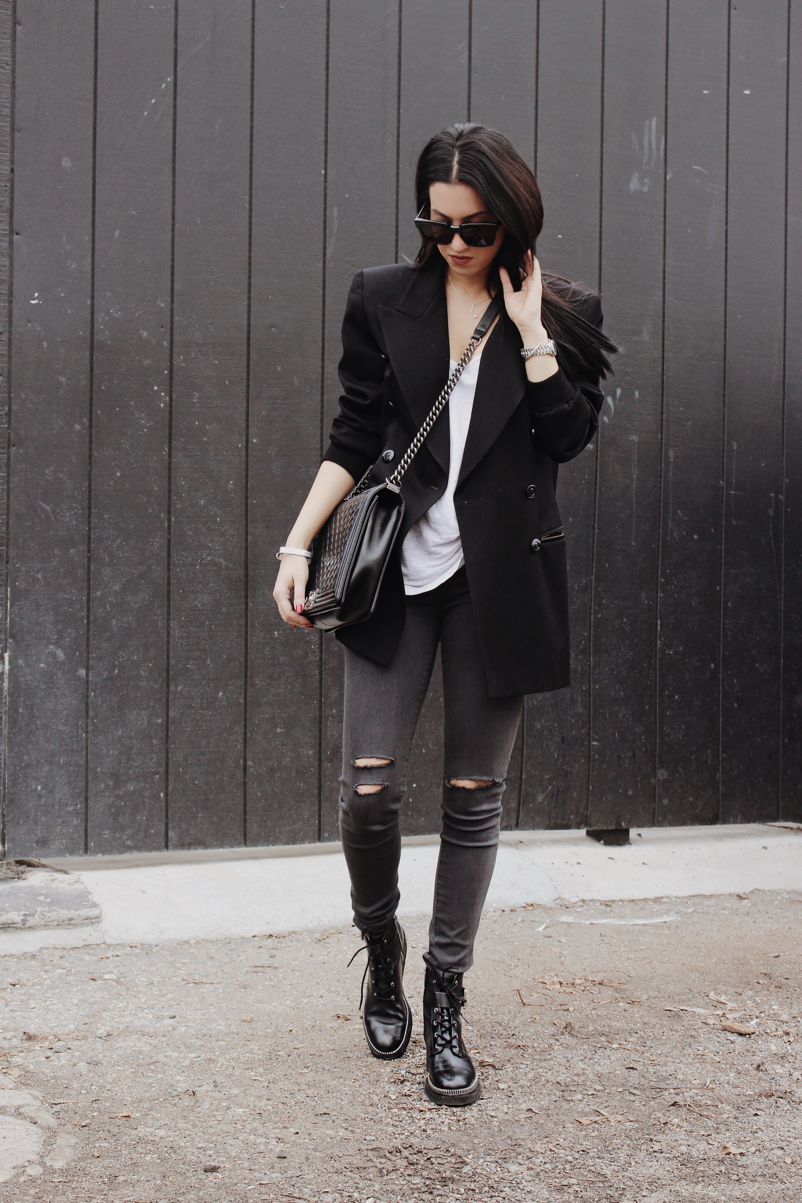 LA blogger Tania Sarin with chanel bag and combat boot