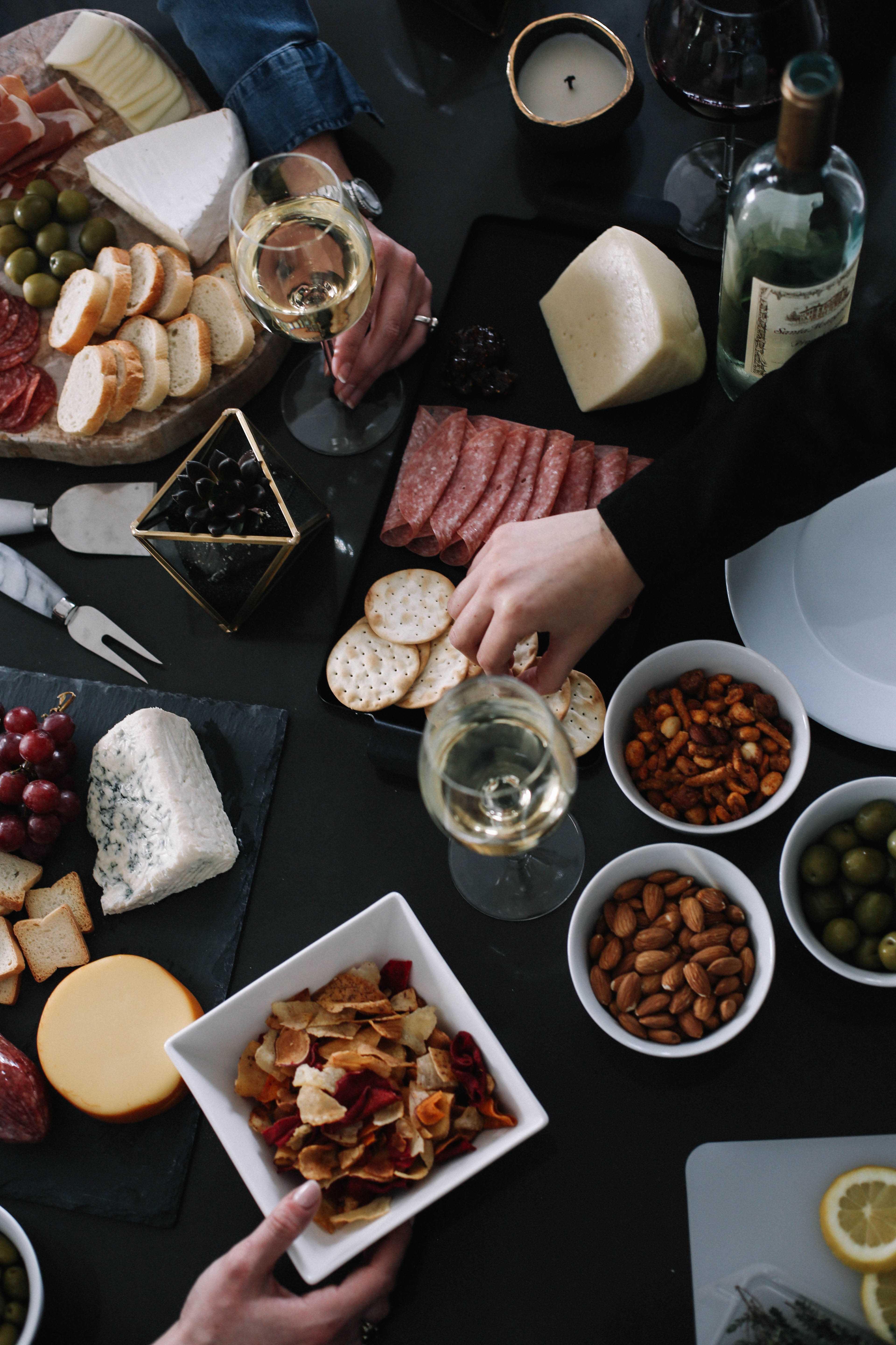 LA Blogger Tania Sarin drink ideas and cheese and wine flatlay