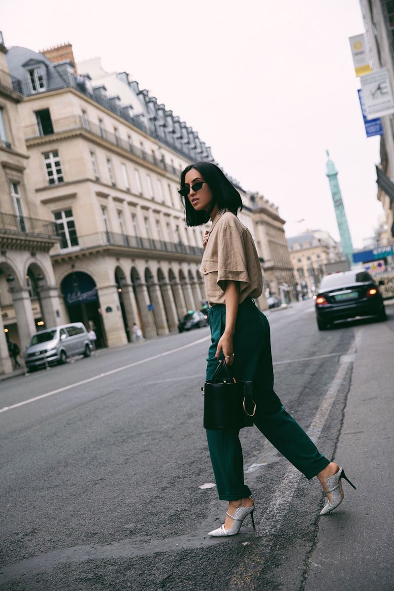 Fall Color Trend: Hunter Green by Tania Sarin | TSARIN.COM | Green trousers with khaki top in Paris, Malone Souliers Heels