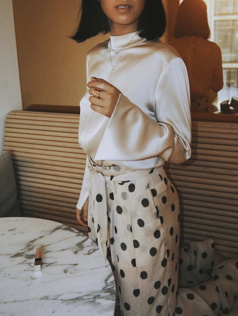 what to wear for a night out when it's cold | TSARIN.com | Silk blouse, polka dot pants, mules, fall 2018 outfit