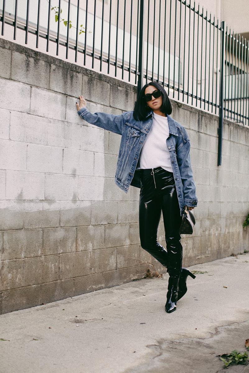 Best Pre-Black Friday Deals by Tania Sarin | TSARIN.COM | Oversized Denim Jacket, Black Patent Leather Leggings, Minimal Fall Style