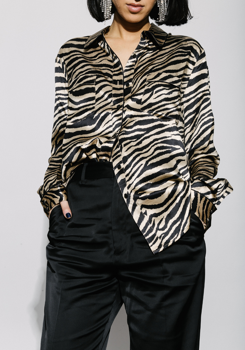 pajama shirt as daywear by tania sarin | tsarin.com | anine bing tiger stripe shirt, anine bing pajama top